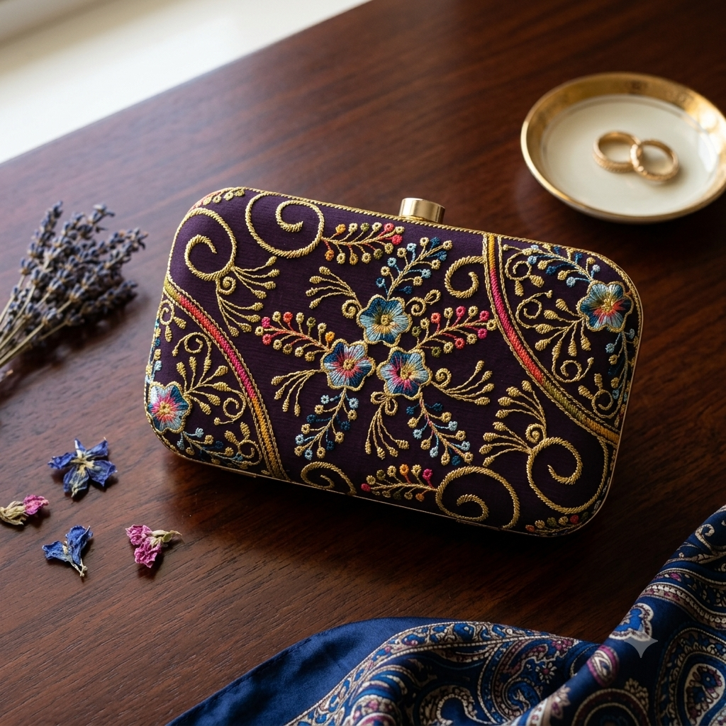 Fashway Royal Purple Embroidered Box Clutch